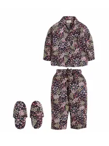 PICCOLO Girls Navy Blue & Pink Printed Night Suit With Slip-ons