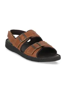 Scholl Men Tan Brown & Black Leather Comfort Sandals