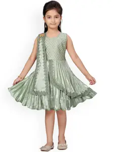 Aarika Girls Green Embellished Fit and Flare Silk Dress