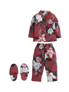 PICCOLO Girls Maroon & White Printed Night suit