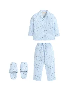 PICCOLO Girls Blue & White Printed Cotton Night suit