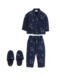 PICCOLO Girls Navy Blue & White Printed Night suit With Slippers