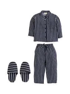 PICCOLO Girls Black Striped Night Suit With Slip-ons