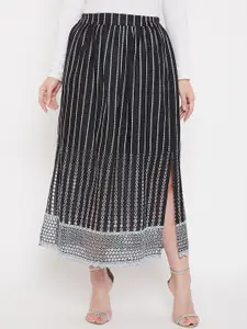 Ruhaans Women Black & White Embroidered Pure Cotton A-Line Maxi Skirt