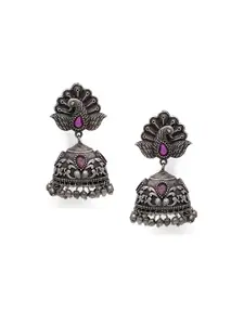 Fabstreet Silver-Plated Black Oxidised Handcfrated Peacock Shaped Jhumkas