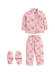 PICCOLO Girls Pink Printed Pure Cotton Night Suit