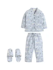 PICCOLO Girls Grey Melange & White Printed Night Suit with Room Slipper