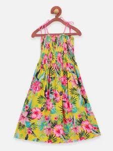 LilPicks Girls Yellow Floral Printed Fit and Flare Dress