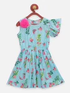 LilPicks Girls Turquoise Blue & Pink Floral Printed Fit and Flare Dress