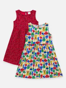 LilPicks Girls Pack of 2 Maroon Printed A-Line Dress