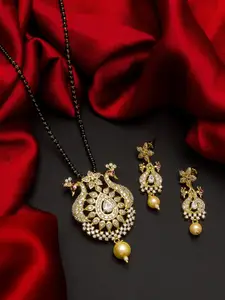 aadita Gold-Plated Black & White AD-Studded & Pearl Beaded Mangalsutra With Earrings
