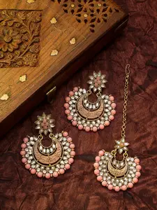 aadita Peach Gold-Plated Kundan Studded Maang Tika & Earrings Set