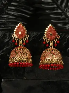 ANIKAS CREATION Gold-Toned & Red Dome Shaped Jhumkas