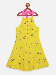 LilPicks Girls Yellow & Green Floral Printed Fit and Flare Dress