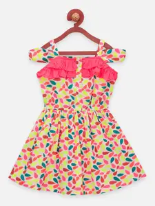 LilPicks Girls Yellow Printed Fit and Flare Dress