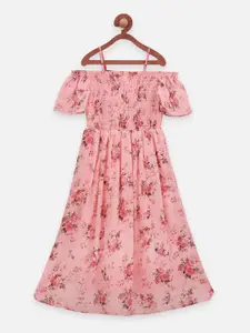 LilPicks Girls Peach-Coloured Printed Fit and Flare Dress