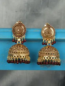 ANIKAS CREATION Gold-Plated Maroon Dome Shaped Jhumkas