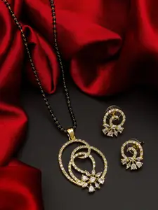 aadita Gold-Plated Black & White AD-Studded Mangalsutra With Earrings