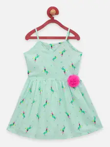 LilPicks Girls Green Printed Fit and Flare Dress