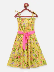 LilPicks Girls Yellow & Pink Floral Printed Cotton Fit and Flare Dress