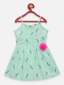 LilPicks Girls Green & Pink Printed Fit and Flare Dress