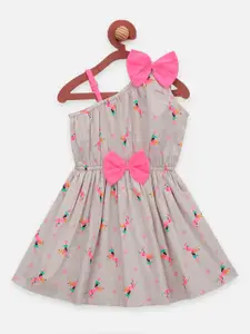 LilPicks Girls Grey & Pink Printed Fit and Flare Dress