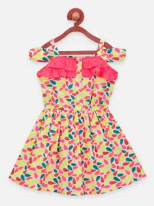 LilPicks Girls Yellow Printed Fit and Flare Dress
