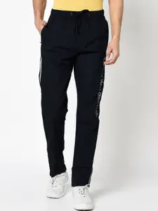 Octave Men Navy Blue Solid Cotton Track Pants with Side Striped Detail