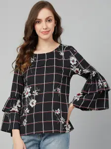 RARE Black & Red Checked Bell Sleeves Crepe Regular Top