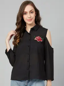 RARE Black Cold-Shoulder Sleeves Georgette Shirt Style Top