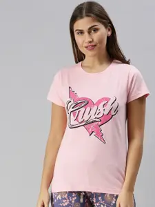 Kryptic Women Pink Typography Printed Pure Cotton Lounge T-Shirt