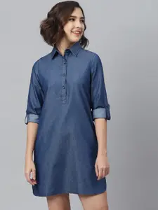 StyleStone Women Navy Blue Solid Cotton Denim Shirt Dress