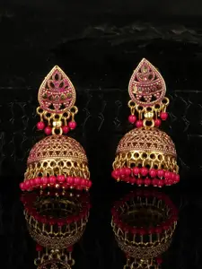 ANIKAS CREATION Pink & Gold-Plated Enamelled Dome Shaped Jhumkas