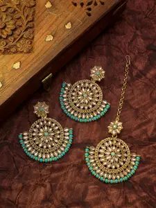 aadita Turquoise Blue Gold-Plated Kundan Studded Maang Tika & Earrings Set