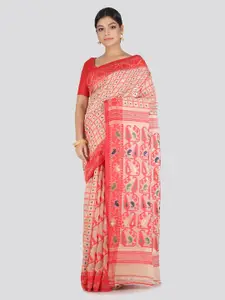 PinkLoom Beige & Red  Pure Cotton Woven Design Handloom Jamdani Sustainable Saree