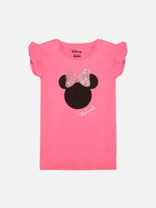 Kids Ville Girls Pink  Black Minnie Printed Round Neck Cotton Pure Cotton T-shirt