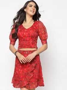 Sera Women Red Printed Ruffles Co-ordinate Sets Dress