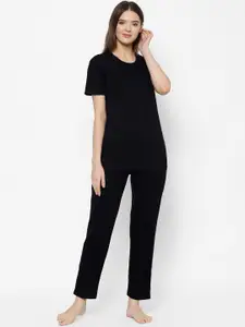 VIMAL JONNEY Women Black Solid Cotton Blend Night Suit BLK_T_D1_02