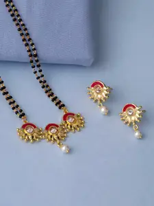 Voylla Maroon & Black Gold-Plated Stone Studded & Beaded Mangalsutra With Earrings