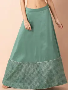 INDYA Women Green & Golden Foil Printed Flared Maxi Skirt