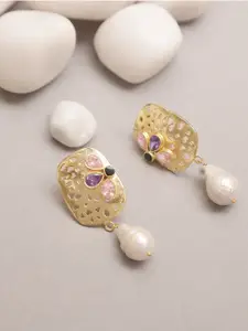 XAGO Gold-Toned & Purple Contemporary Drop Earrings