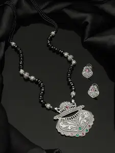 aadita Oxidized Silver-Toned & Black Stone-Studded Tribal Mangalsutra With Earrings