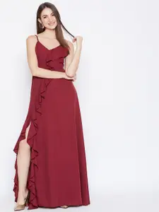 Berrylush Women Maroon Solid Ruffled Maxi Dress