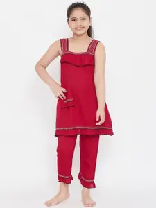 Baani Creations Girls Red Solid Night suit