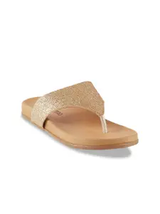 Metro Women Gold-Toned Textured T-Strap Flats