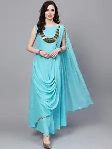 Chhabra 555 Blue Maxi Draped Dress with Attached Necklace and Dupatta