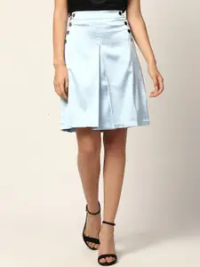 ZOELLA Women Blue Solid Satin Finish Knee Length A-Line Skirt