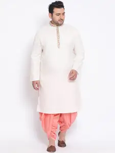 KISAH PLUS Men White & Peach-Coloured Solid Kurta with Dhoti Pants