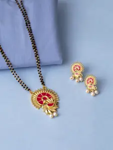 Voylla Maroon & Black Gold-Plated Beaded Mangalsutra With Earrings