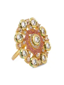 ANIKAS CREATION Pink Gold-Plated Enamelled AD & Kundan Studded Adjustable Finger Ring